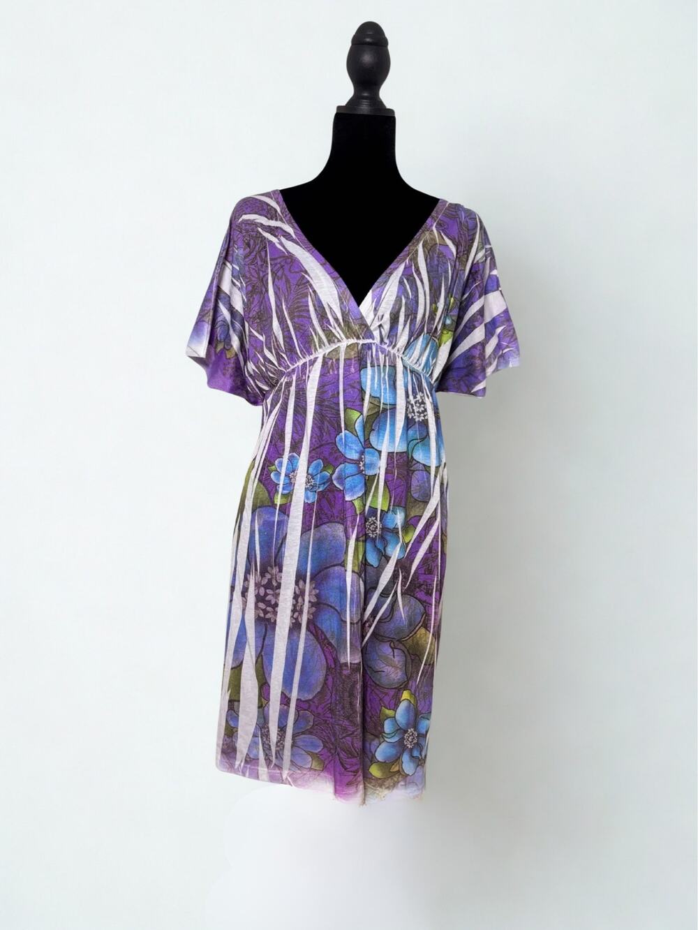 Vtg Y2K Mi Manchi Purple Floral Print Whiskered Babydoll Mini Dress Size L